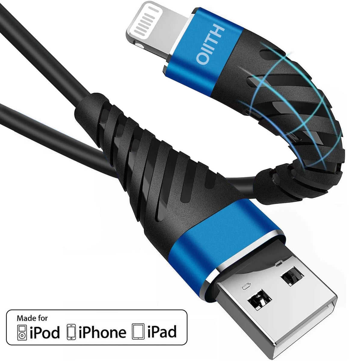 A blue and black nylon braided fast charging cable with a USB connector for iPhone and iPad devices.