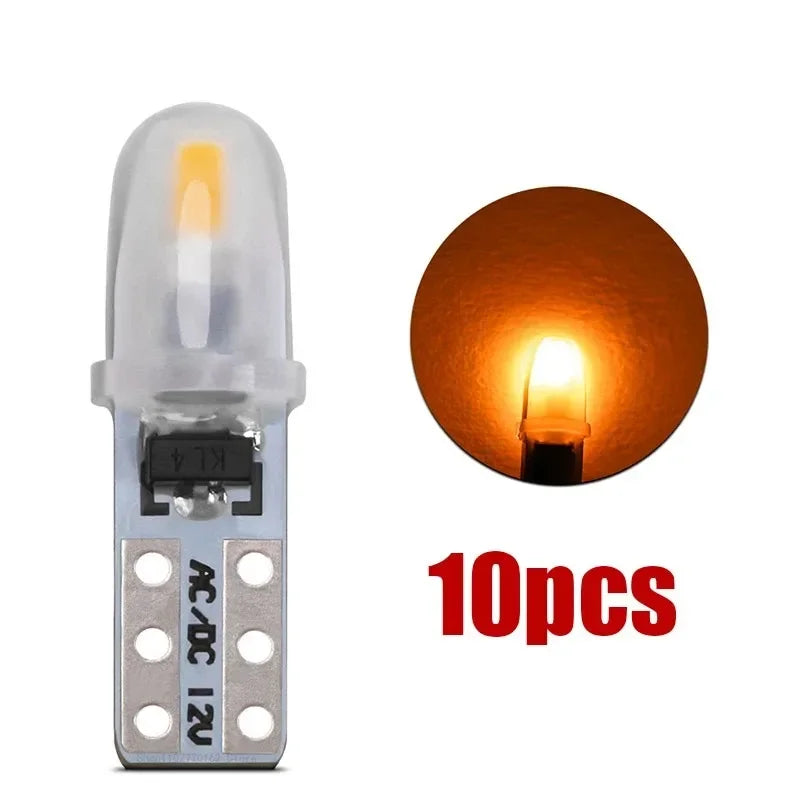 A set of ten T5 wedge LED bulbs for various lights, including a single illuminated bulb example.