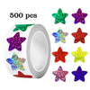 A roll of 500 glitter star stickers in various colors including green, purple, red, and yellow.