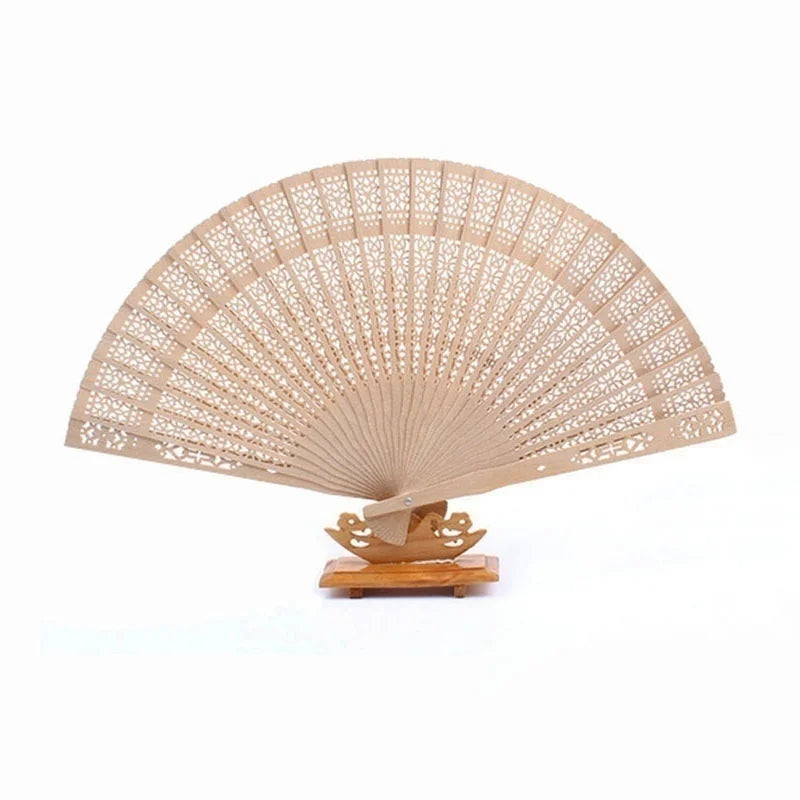 Handcrafted Sandalwood Folding Fan with Intricate Cutwork