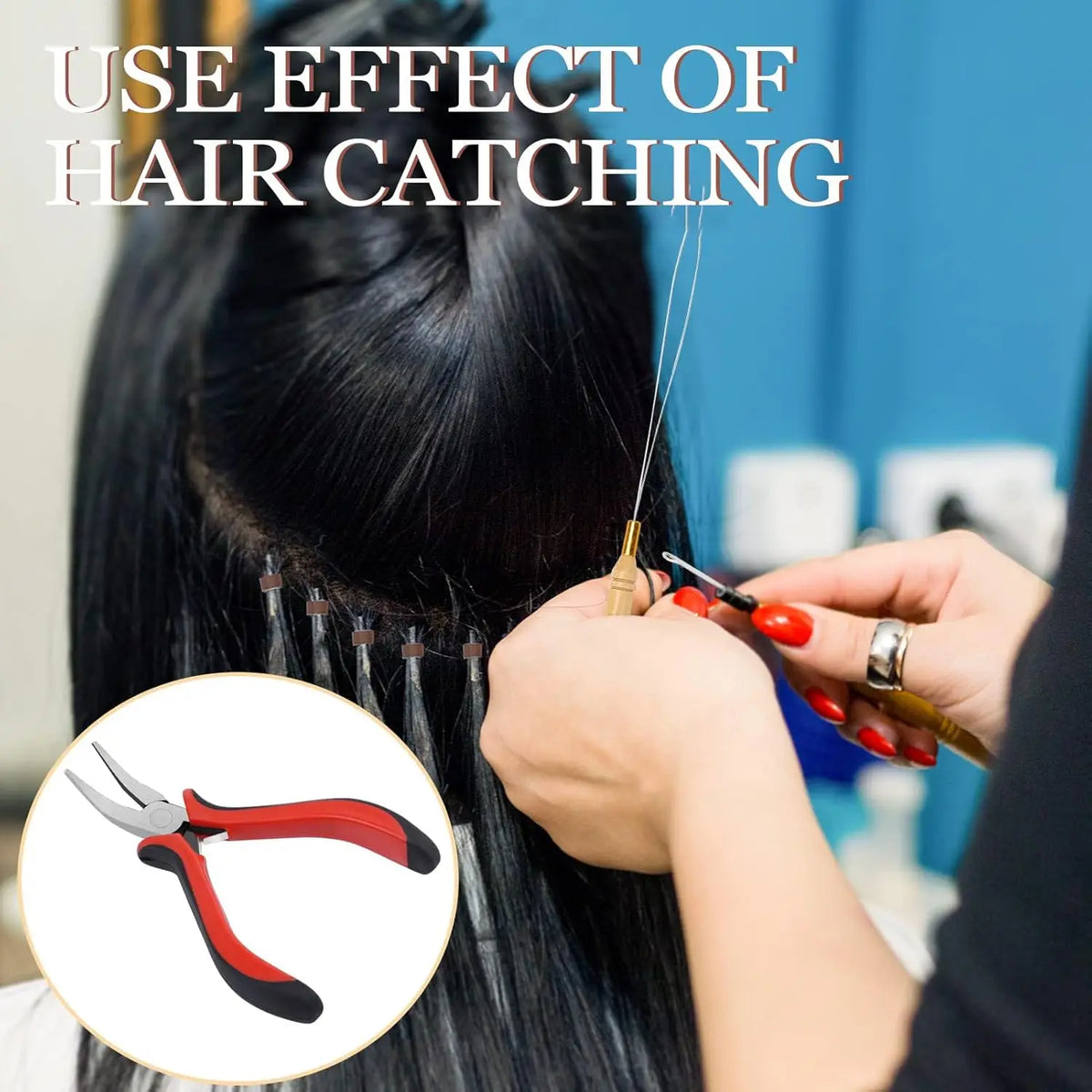 Hands are installing hair extensions using a needle tool and silicone-lined micro rings on dark hair.