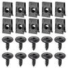 A set of black self-tapping screws and U-shaped spacers with various thread types and shapes.