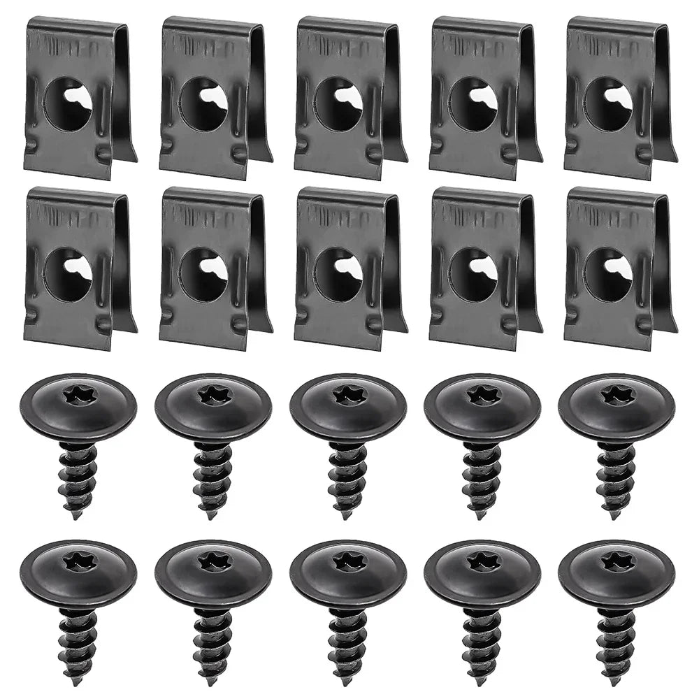 A set of black self-tapping screws and U-shaped spacers with various thread types and shapes.