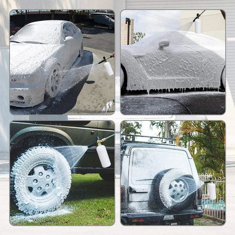 Multiple images show a high-pressure foam cannon cleaning a silver car and a truck wheel with foam.