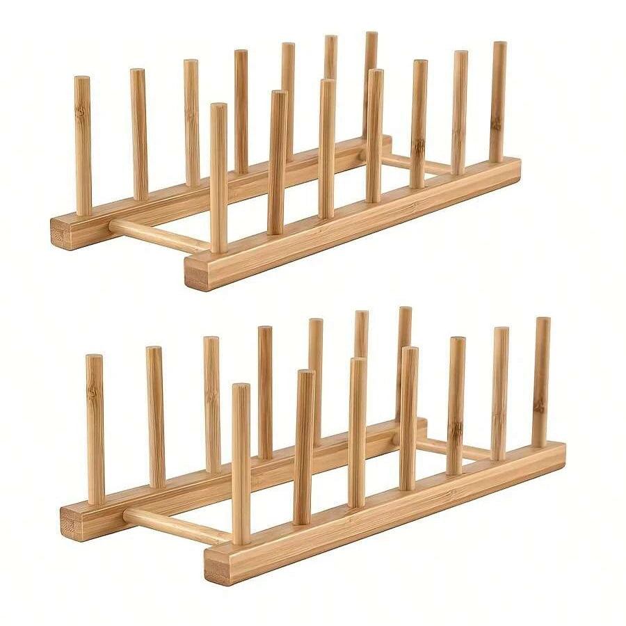 A wooden dish drying rack made of bamboo with multiple vertical rods for drying dishes.