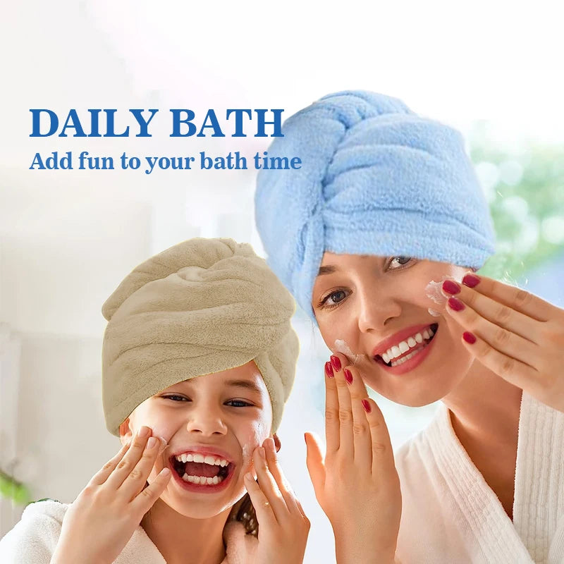 A woman and a child are enjoying a daily bath with blue and beige towel wraps.