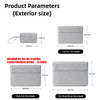 Various sizes of gray laptop sleeves for MacBook and other notebooks, showing dimensions.