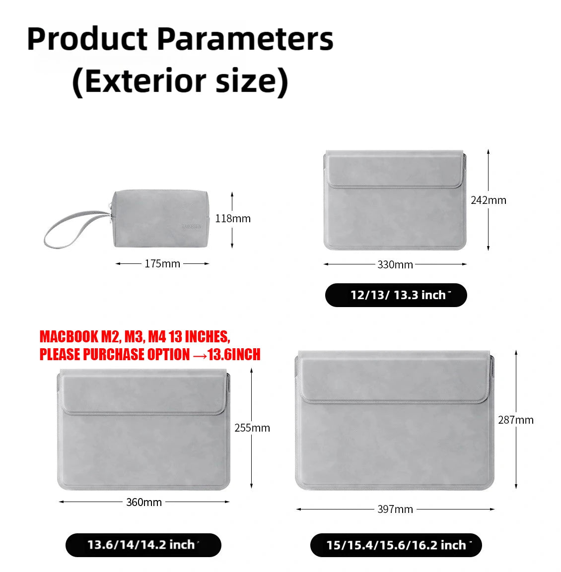 Various sizes of gray laptop sleeves for MacBook and other notebooks, showing dimensions.