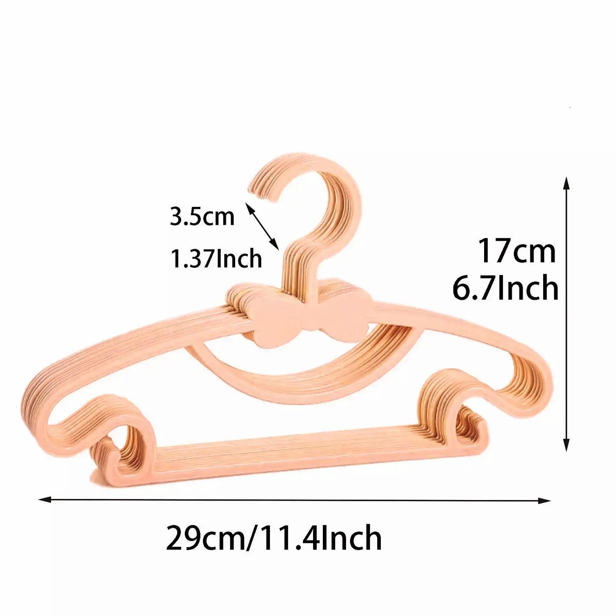 A light pink wooden adjustable baby clothes hanger with a curved hook and a flat bar.