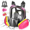A full-face respirator mask with a black frame and pink accents, shown alongside its components.