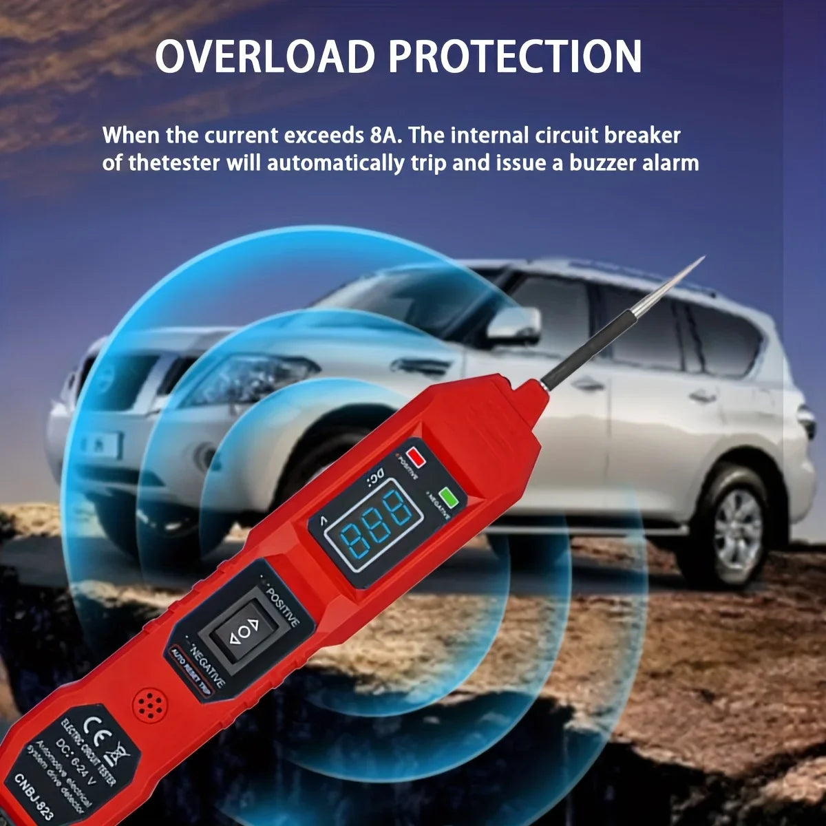 Orange digitaler Auto-Schaltkreis-Tester mit leuchtender LED-Anzeige vor unscharfem Hintergrund eines weißen SUV