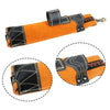 Orange heavy-duty cowhide welding rod storage bag with a black leather strap and hanging hook