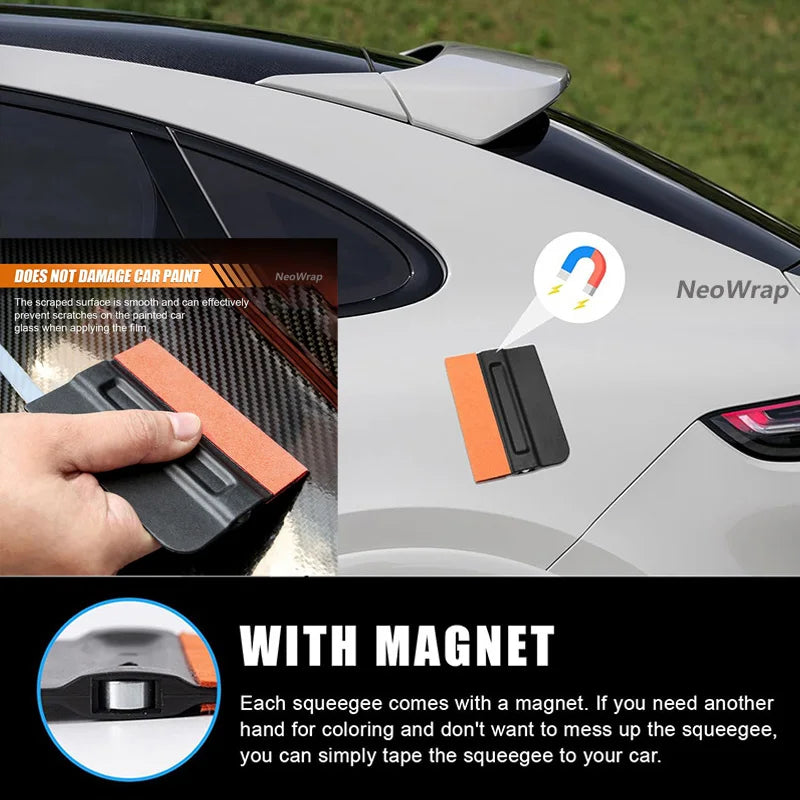 A hand is shown using a silicone squeegee to apply a vinyl wrap on a car, with another squeegee shown next to it.