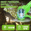 A bright green cordless electric lawn mower and string trimmer featuring a 650W motor and 18000 RPM speed.