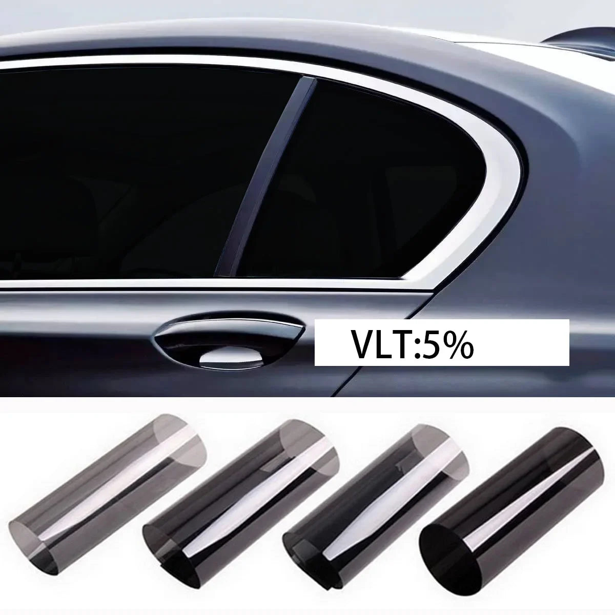 Rolls of clear window tint film used for automotive applications with a percentage indicator.