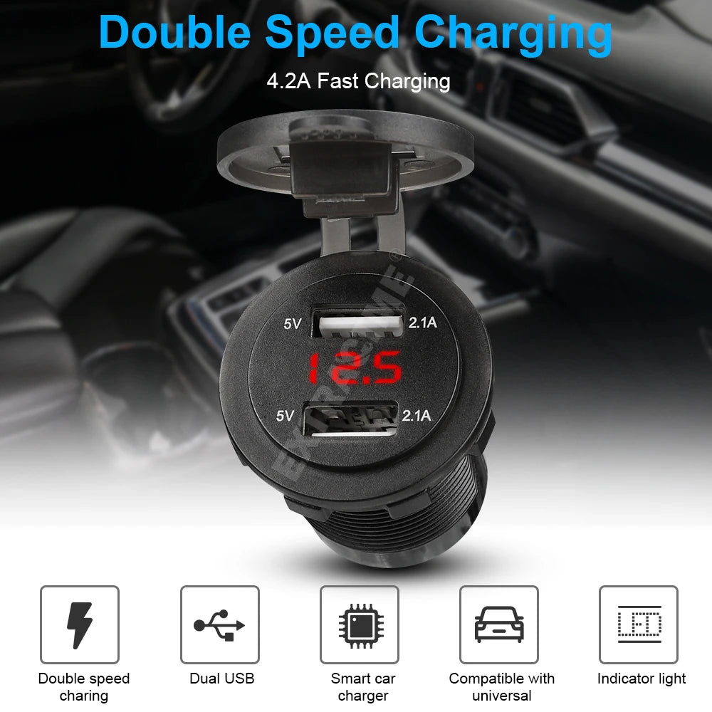 Dual USB Car Charger with LED Voltmeter – Fast Charging 12V/24V