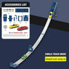 A long, gray track set for a catapult racing car, showing accessories list and the track itself.
