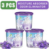 Three purple moisture absorber odor eliminator boxes with lavender flowers shown next to a green label