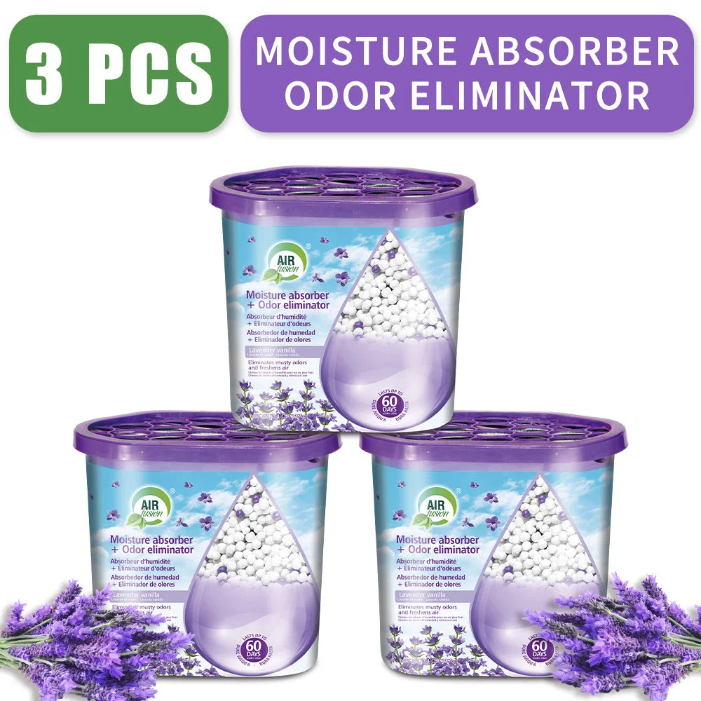 Three purple moisture absorber odor eliminator boxes with lavender flowers shown next to a green label