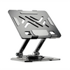A silver carbon steel tablet stand with a rotating feature, designed to hold a tablet on a desk.