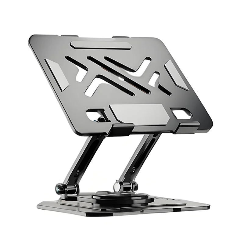 A silver carbon steel tablet stand with a rotating feature, designed to hold a tablet on a desk.