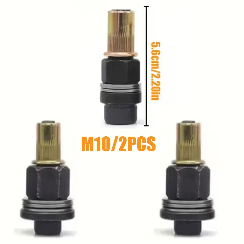 A set of manual rivet nut tools with interchangeable heads, showing a brass and black tool with a measurement scale.