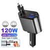 A black retractable car charger with a digital display showing 12.5V voltage and supporting 2.4A output.