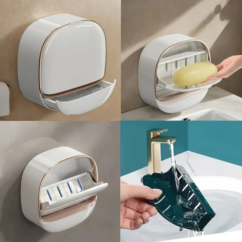A wall-mounted soap holder with a lid is shown in various angles, including an open view and being used to drain water into a