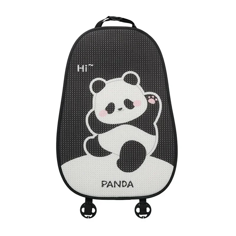 Black padded car seat cover featuring a cute panda design and headrest pillows.