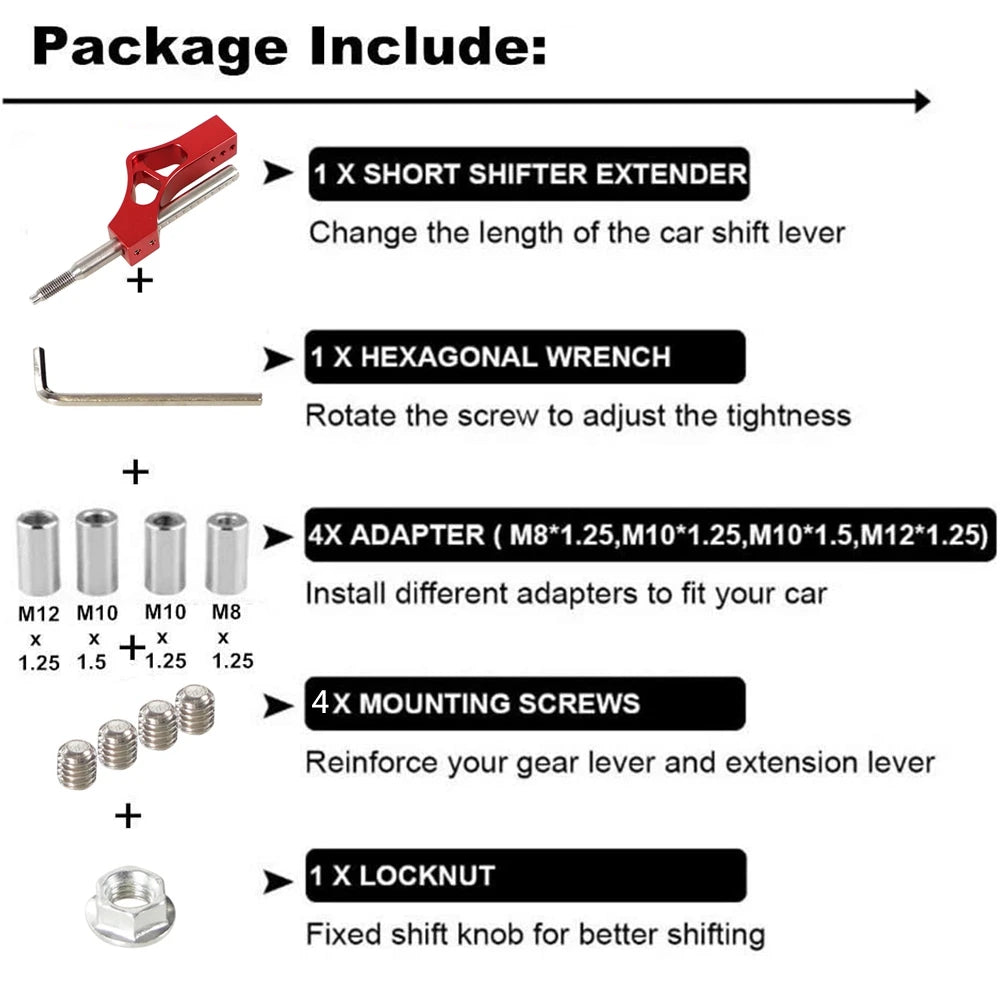 Paket enthält einen Kurzschaltverzögerer, einen Sechskantschlüssel, Adapter, Befestigungsschrauben und eine Sicherungsmutter 