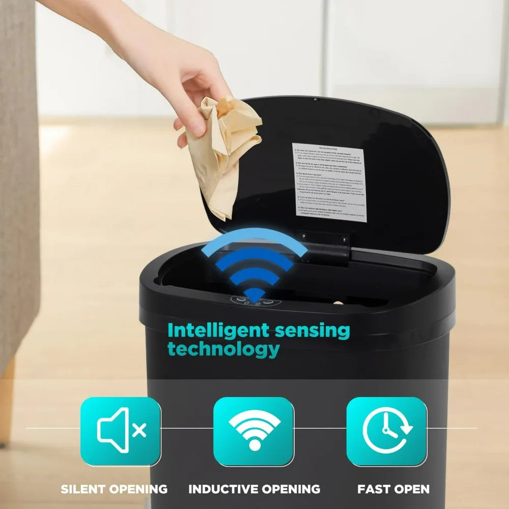 A hand opens an automatic touchless trash can demonstrating intelligent sensing technology features like silent opening and f
