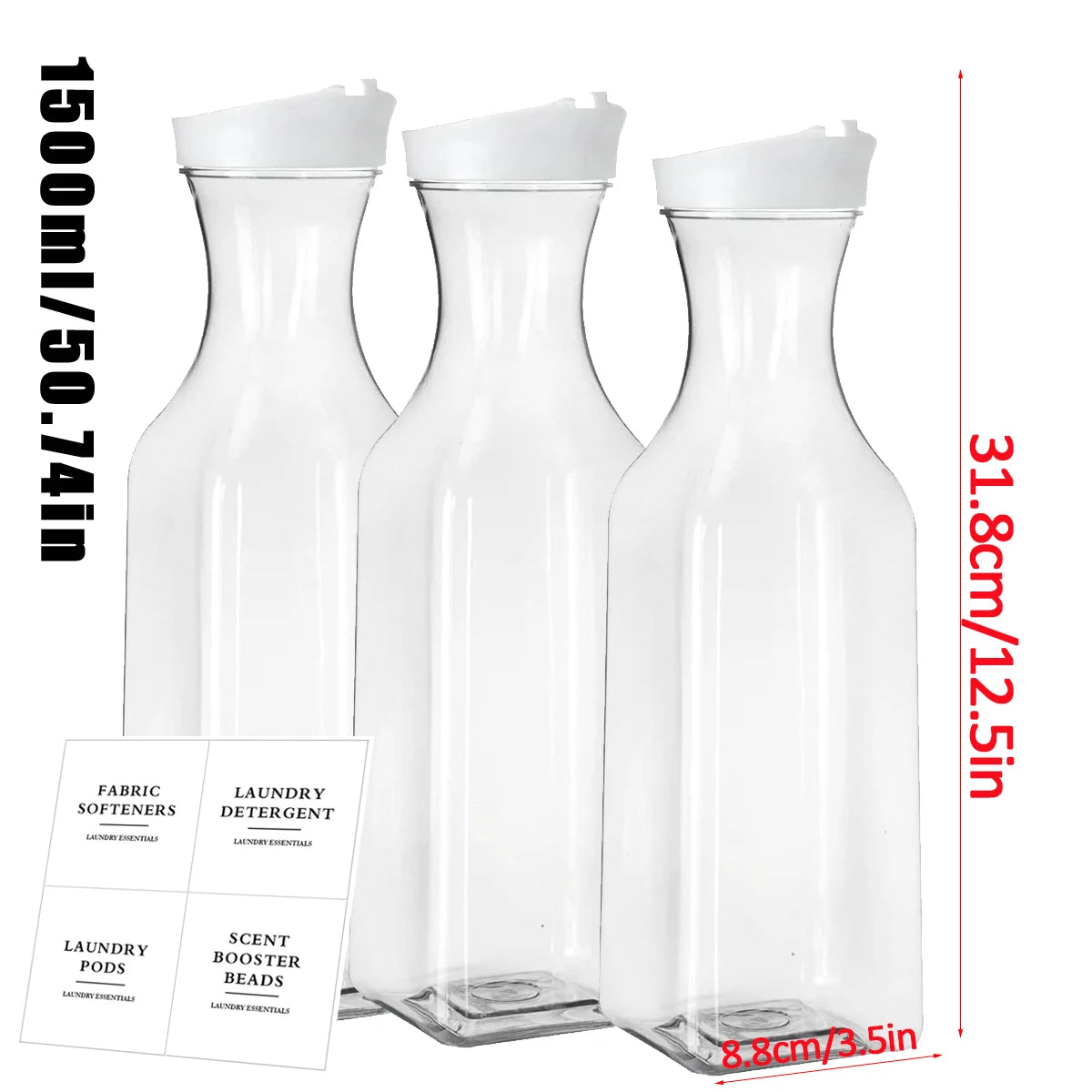 A set of three clear glass refillable laundry detergent dispenser bottles with labels shown side by side.