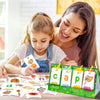 A mother and child play with a word builder flash card game featuring colorful cards and wooden pieces.