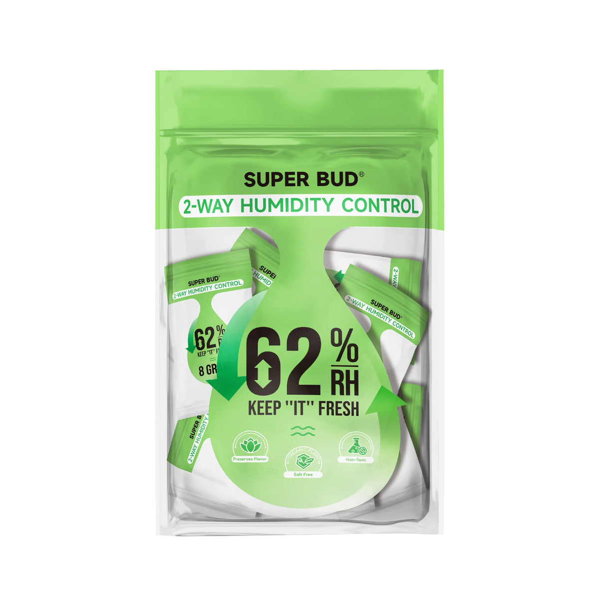 A clear plastic bag of Super Bud 2-Way Humidity Control packs showing a green color and text indicating 62% RH for fresh stor