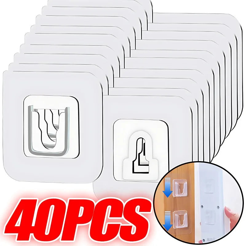 A set of 40 clear, invisible adhesive wall hooks in various sizes stacked together.