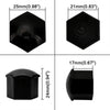 Four views of black anti-rust protective hub bolt covers with various hexagonal and cylindrical shapes.