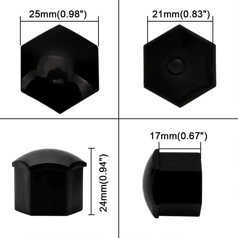 Four views of black anti-rust protective hub bolt covers with various hexagonal and cylindrical shapes.