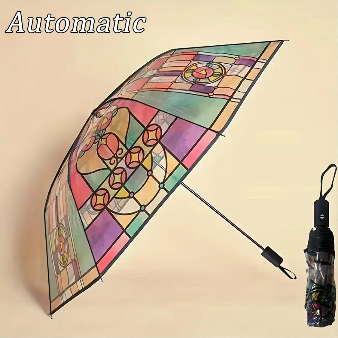 Stained Glass Arch Umbrella with Wind-Resistant Frame