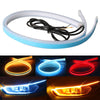Flexible LED daytime running light strip with sequential turn signal shown in various colors and automotive headlight applica