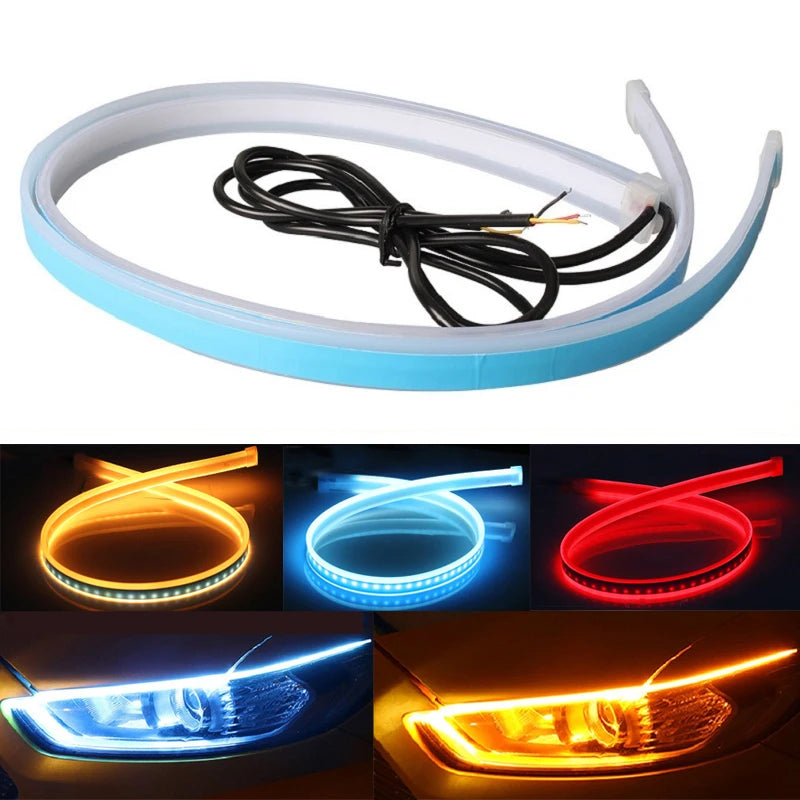 Flexible LED daytime running light strip with sequential turn signal shown in various colors and automotive headlight applica