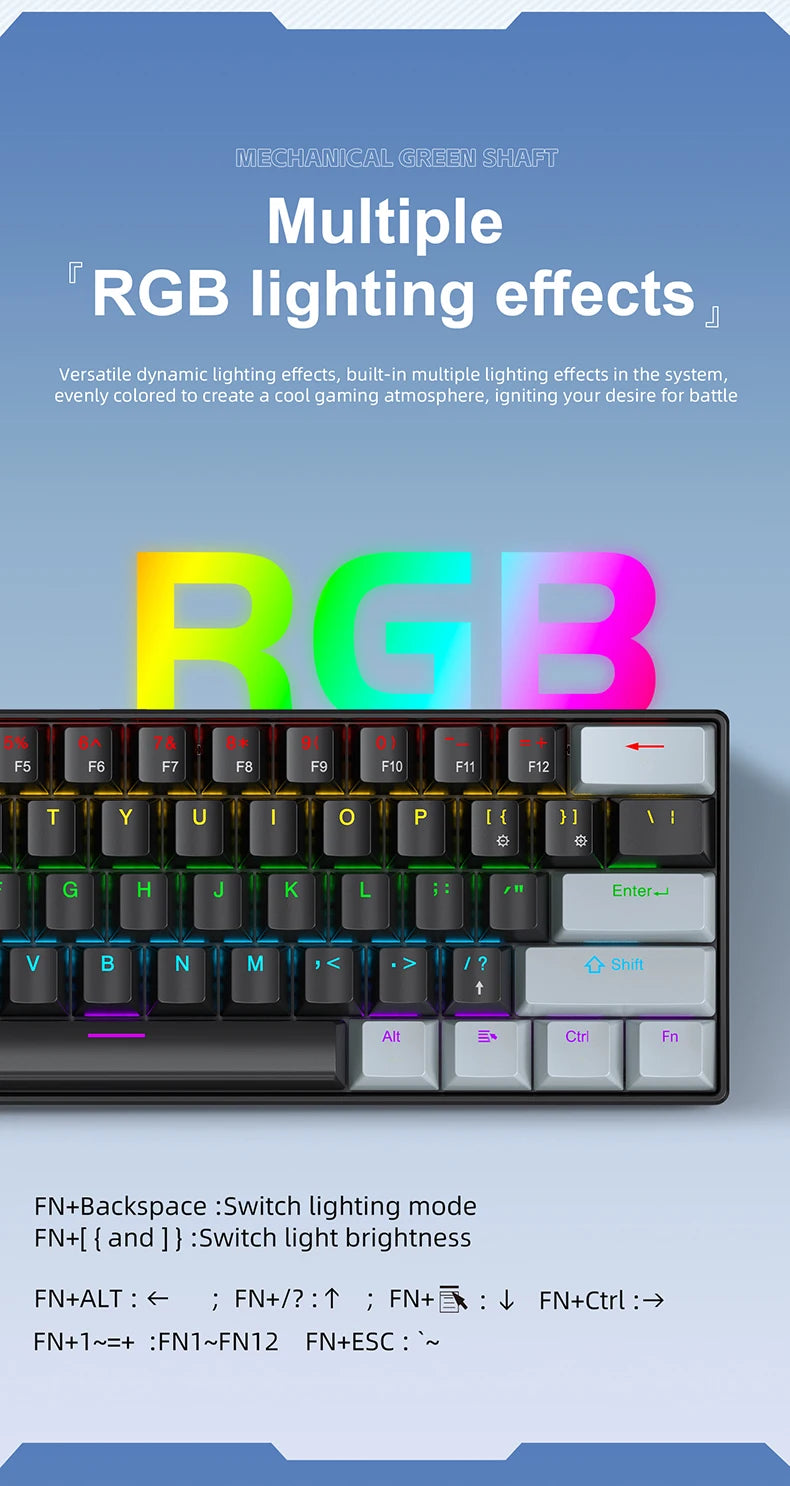 A close-up of a black mechanical keyboard with colorful RGB lighting displaying the letters RGB.
