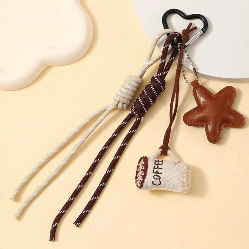 Kawaii Cartoon Linen Keychain – Cute Coffee & Bread Design with Leather Heart Pendant