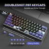 A close-up view of a keyboard featuring doubleshot PBT keycaps with a cherry profile and custom art theme.