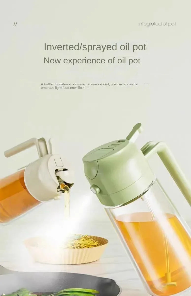 A green oil pot is shown spraying oil onto food, demonstrating a new experience of oil pot use.