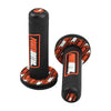 A black motorcycle handlebar grip with an orange textured outer ring and a white inner section.