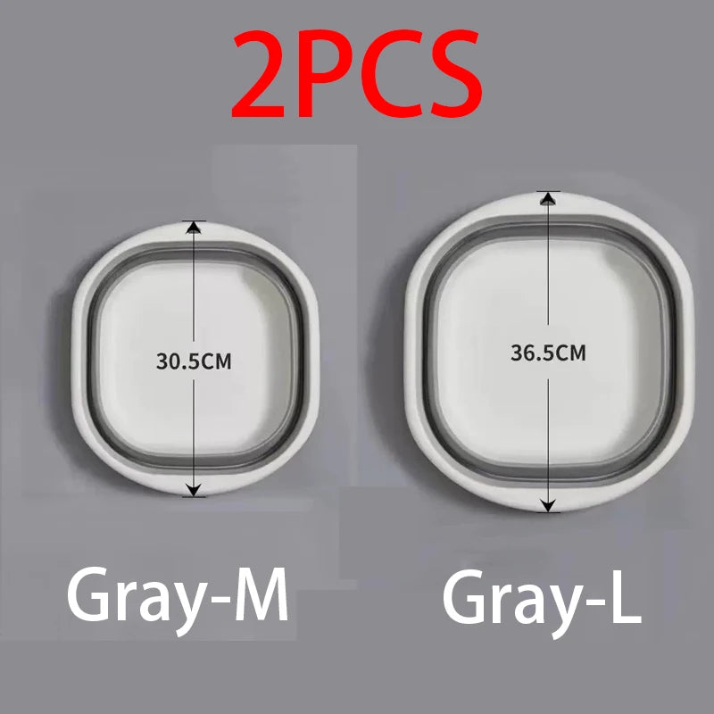 Two foldable plastic wash basins in Gray-M and Gray-L sizes shown side by side.