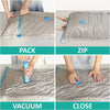 Images showing the process of packing, zipping, vacuuming, and closing a clear storage bag for clothes.
