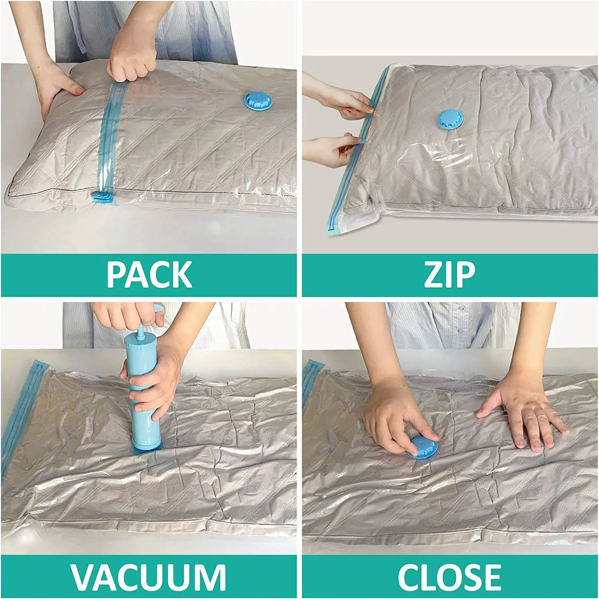 Images showing the process of packing, zipping, vacuuming, and closing a clear storage bag for clothes.
