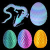 A collection of four eggs, including a translucent green dragon figurine and three brightly colored eggs: blue, pink, and yel