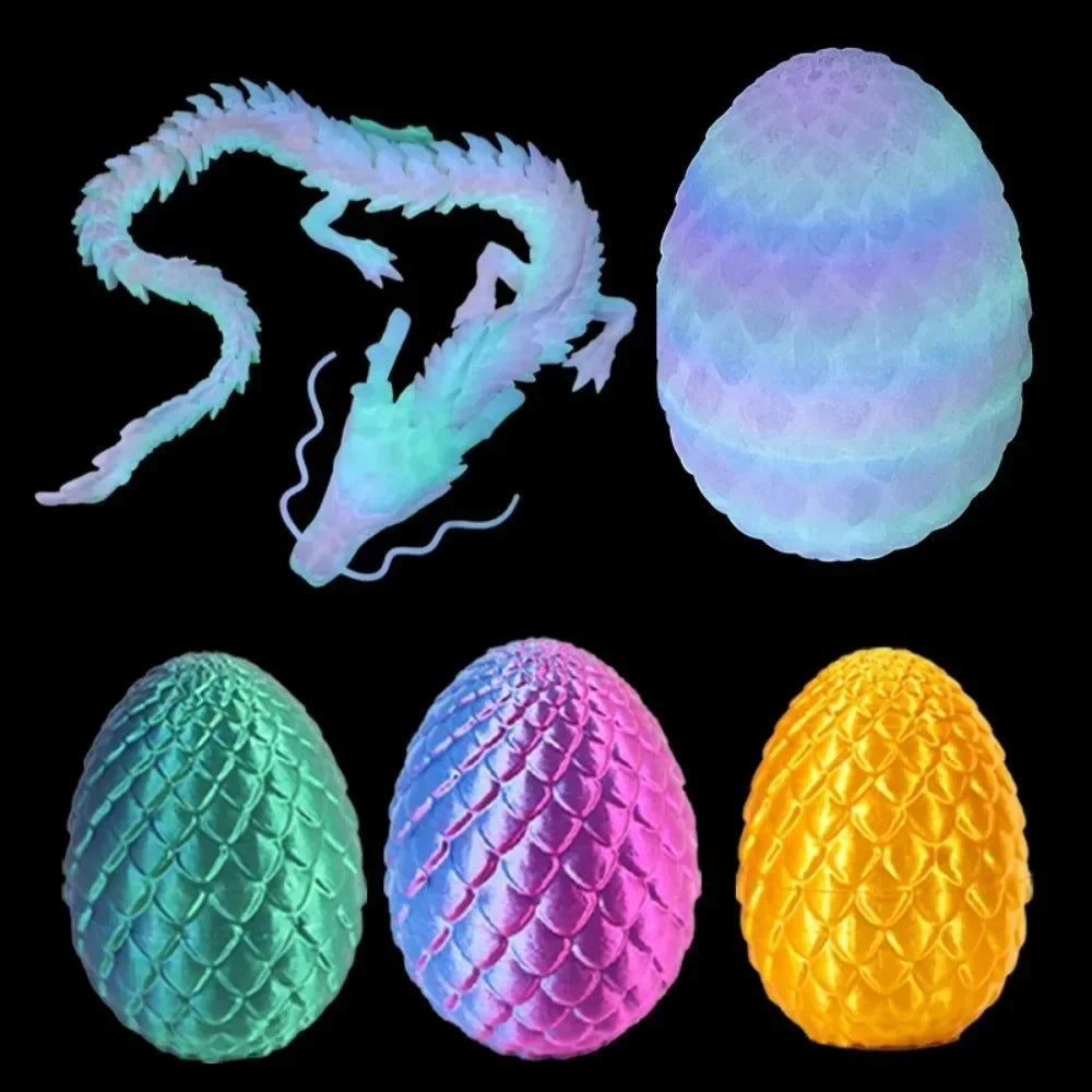 A collection of four eggs, including a translucent green dragon figurine and three brightly colored eggs: blue, pink, and yel